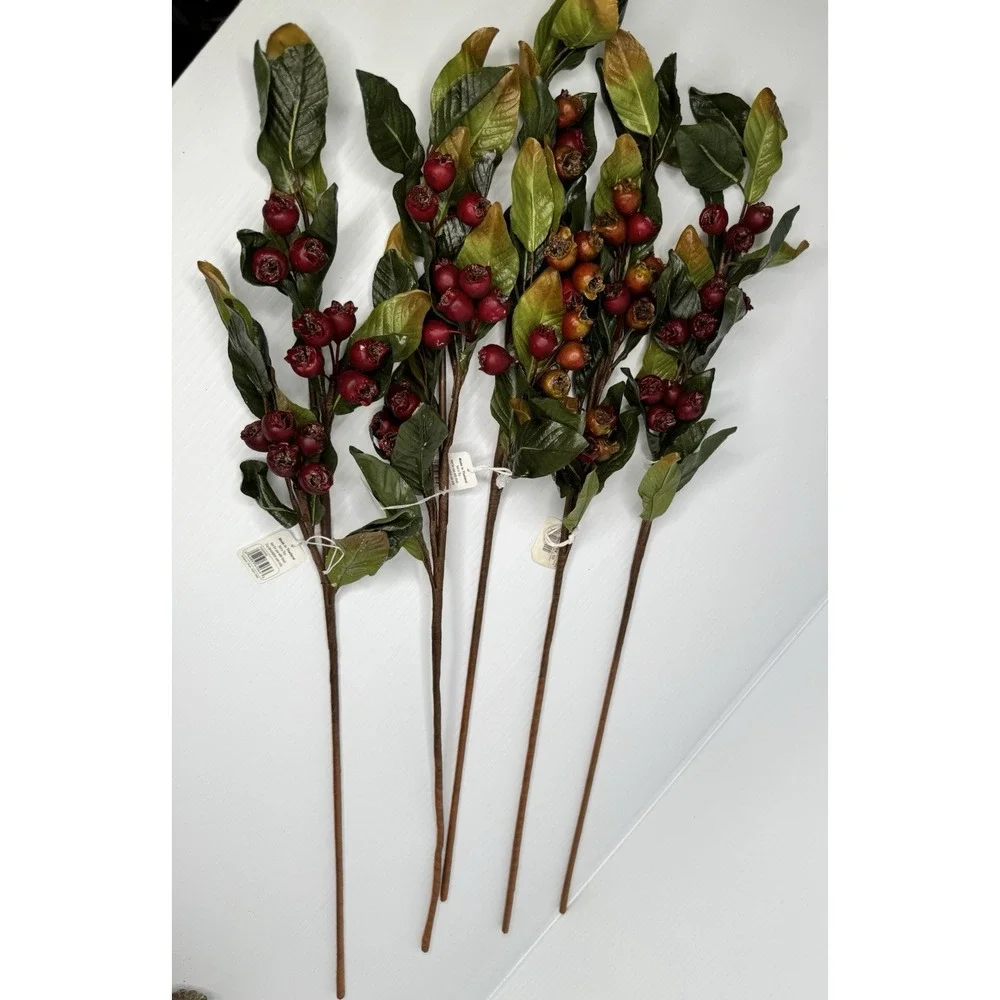 Plantation Shop 40 Inch Red Berry Branch and Leaf Floral Stems Set of 8 NEW